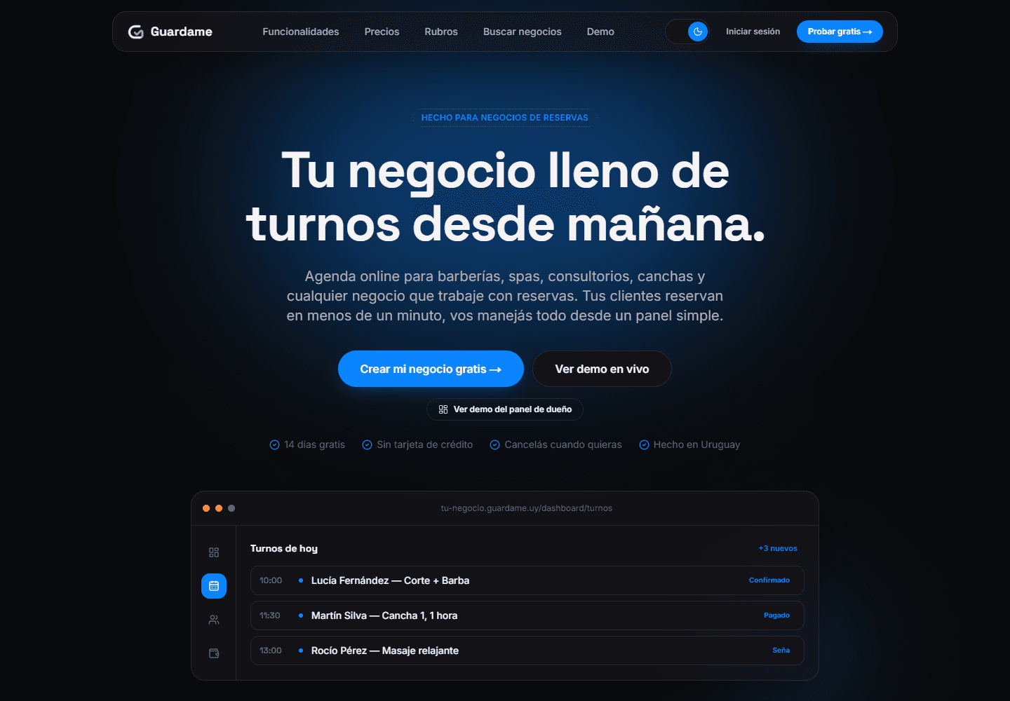 Sitio de Guardame.uy, plataforma de reservas online