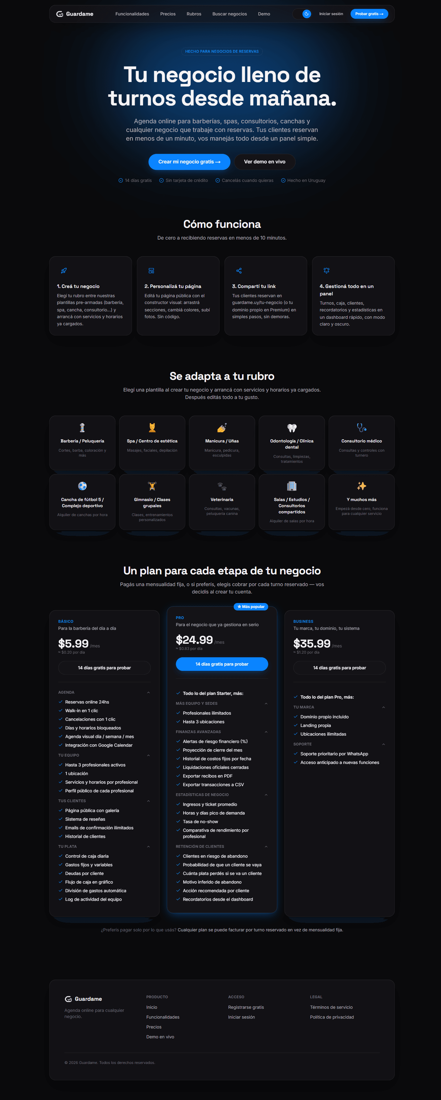 Landing de Guardame con planes y rubros